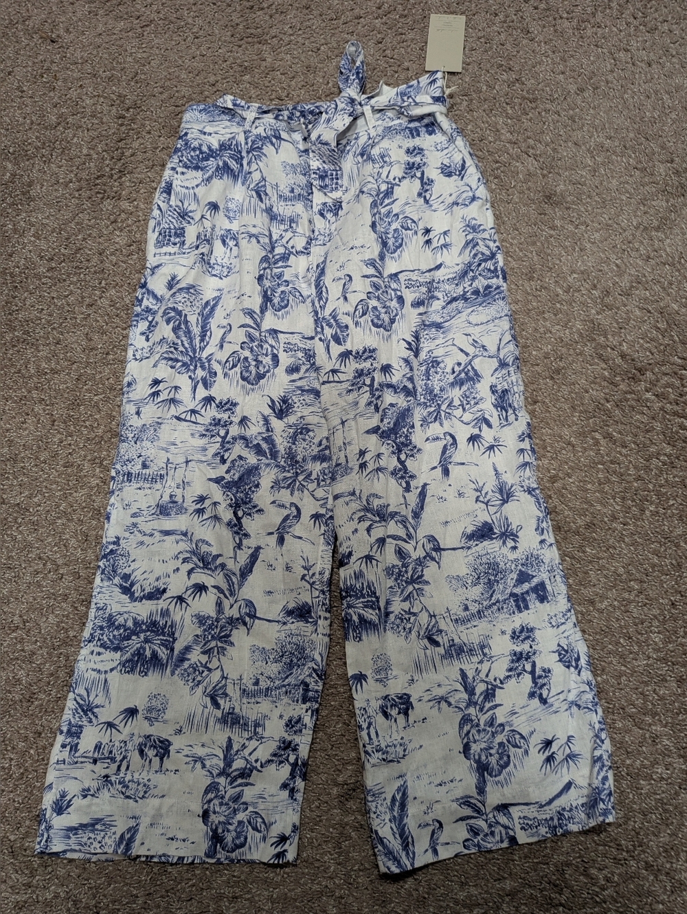 NWT Joie Tropical Toile Summer 100% Linen Wide Leg Pants Tie Waist Flowy Trouser